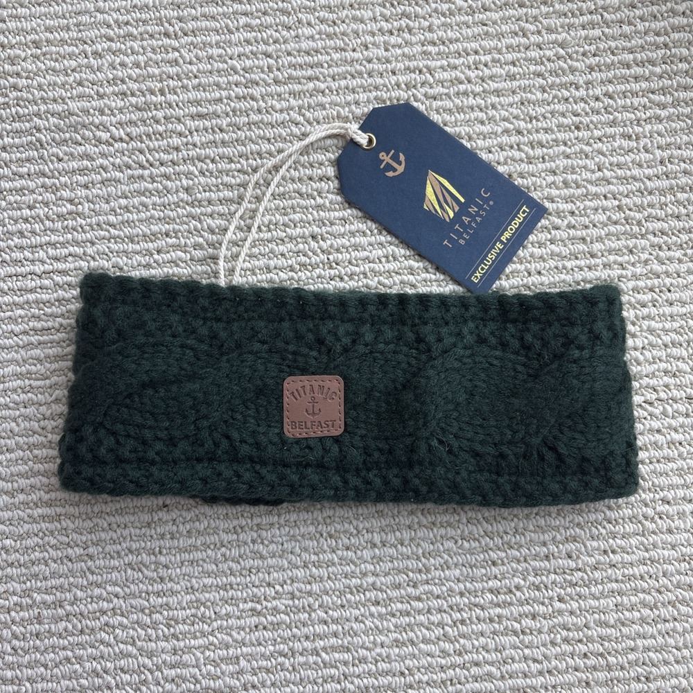 NWT Titanic Belfast Cable Rib Knit Headband lined green winter Acrylic